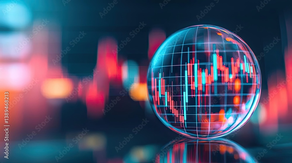 Poster candlestick in crystal globe with stock market prediction concept. abstract globe with financial gra