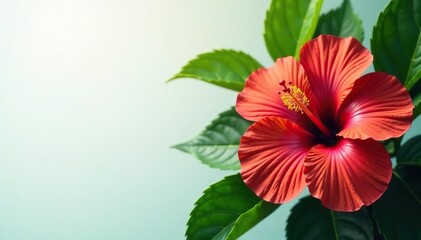Bold tropical hibiscus, lush green leaves, vibrant colors, pattern, bloom