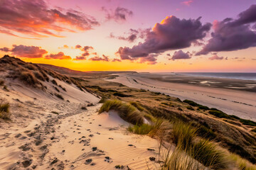 Sunset Beach and Dunes on Texel Island, Netherlands Orange and Purple Sky with Footprints in Sand