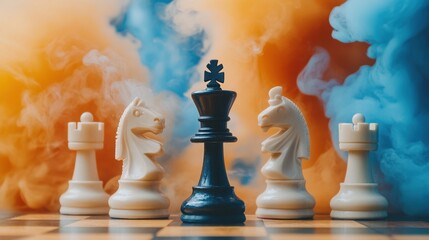 Abstract colored smoke behind chessboard adds surreal contrast to clean white pieces