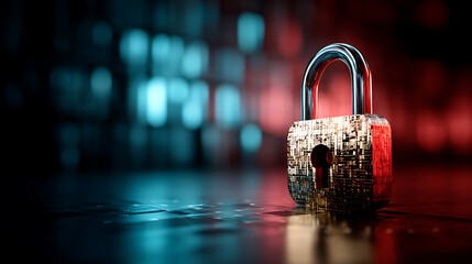 metallic padlock with digital texture stands on reflective surface, symbolizing cybersecurity and data protection in futuristic environment with red and blue lighting