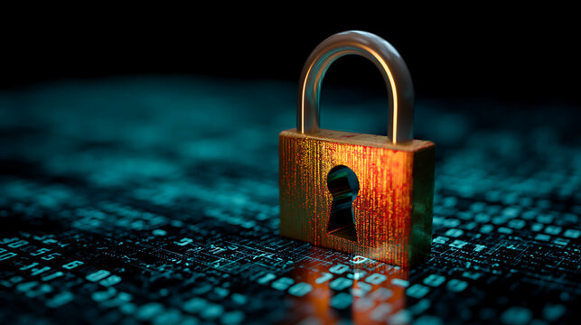glowing padlock with keyhole stands on digital surface filled with binary code, symbolizing cybersecurity, data protection, and secure technology
