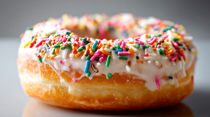 close up of glazed doughnut topped with colorful sprinkles, showcasing its soft texture and vibrant decoration, perfect for evoking sense of indulgence and sweetness