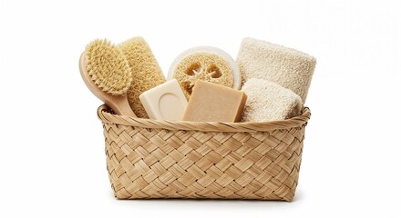 Woven basket filled with natural bath accessories including loofahs and soap