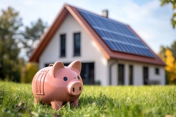 A piggy bank next to a house with solar panels, symbolizing energy savings