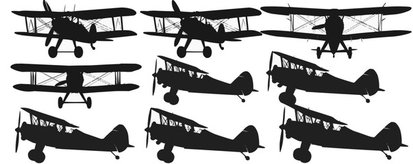 Silhouettes of vintage biplanes in various angles and poses.