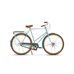 Light blue vintage bicycle with brown seat and handlebar accents on white background.