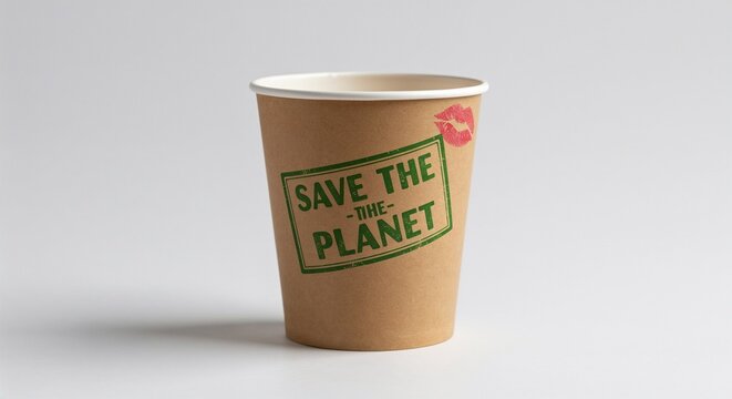 Eco-friendly paper cup with "Save the Planet" slogan and lipstick mark