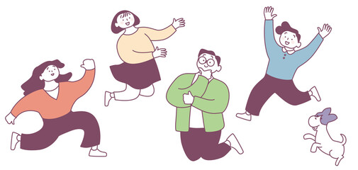 Pastel illustration of a family jumping