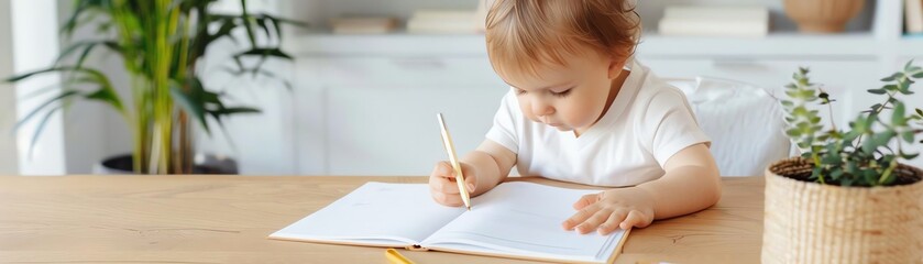 child writing book on desk
