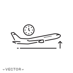 plane take off icon, aircraft departure time concept, time to travel, thin line symbol isolated on white background, editable stroke eps 10 vector illustration