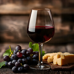 Red wine glass with grapes and cheese on a wooden table, close-up view. Red wine in the glass, with a background of an old wood wall. With copy space for text or design. Dark red color, vintage style,
