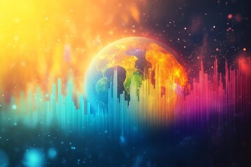 Obraz premium A stylized image depicts Earth, rendered with fiery textures, overlaid by a multicolored spectrum of vertical bars suggesting data visualization. The background features a blurry, vibrant gradient.