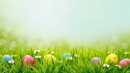 Burred Spring Background with Easter Eggs and Flowers