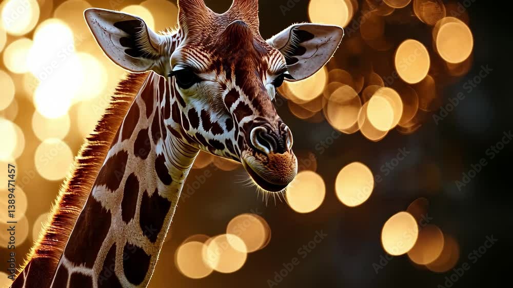Poster closeup view of a giraffe with bokeh background during warm evening light, closeup of giraffe agains