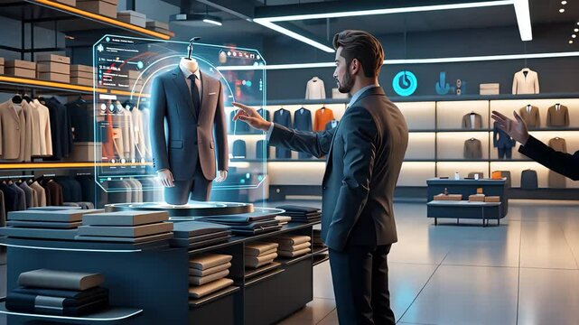 Man interacting with a virtual clothing display in a modern store, trying on a virtual suit with augmented reality technology.

