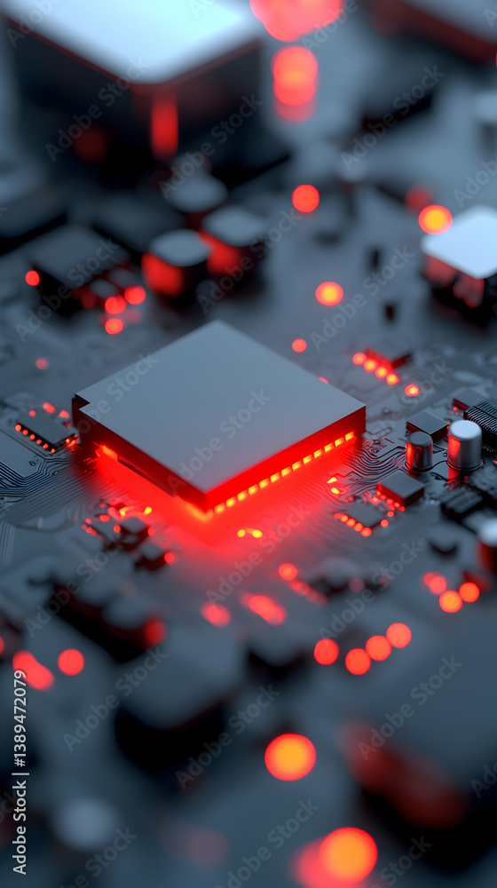 Aufkleber red illuminated microchip on dark circuit board
