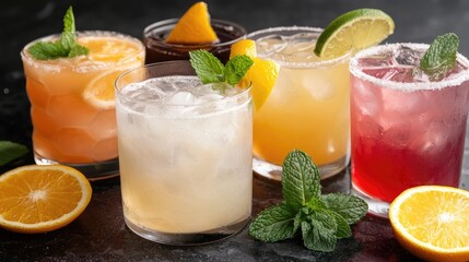 Assorted refreshing cocktails.  Colorful drinks with garnishes