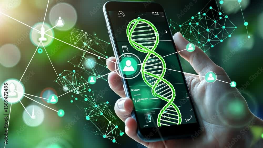 Poster digital dna analysis: a cutting-edge look at technology, displaying a human hand holding a smartphon