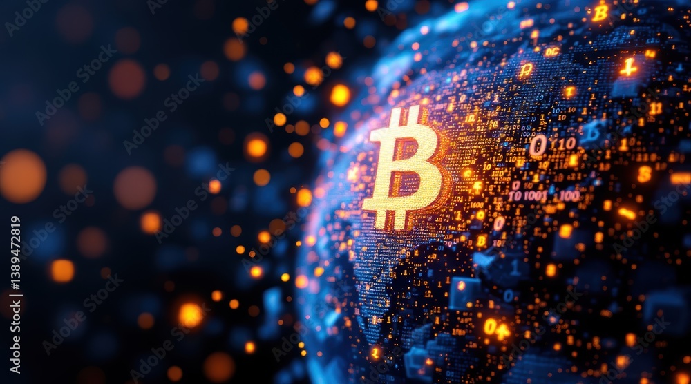Poster digital representation of bitcoin, showcasing a globe illuminated with vibrant data streams and bina