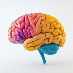 Colorful 3D human brain illustration on white background – Educational medical concept of brain anatomy and cognitive regions for learning, healthcare, or scientific visuals