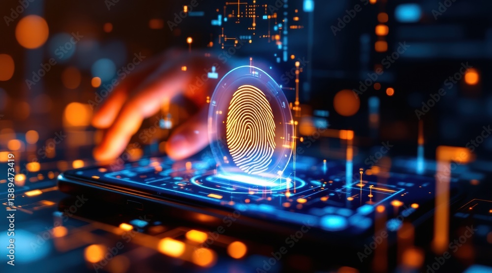Poster a hand interacting with a digital fingerprint scanner on a smartphone, showcasing advanced technolog