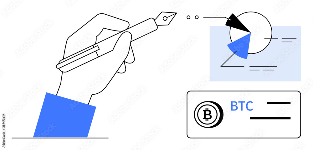 Poster hand holding pen sketching chart with pie and line elements, paired with bitcoin concept. ideal for 