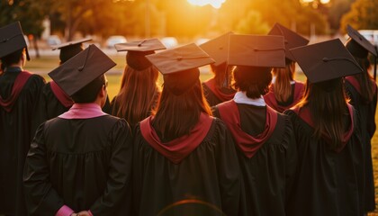 Obraz premium Graduates celebrating achievement during sunset ceremony 