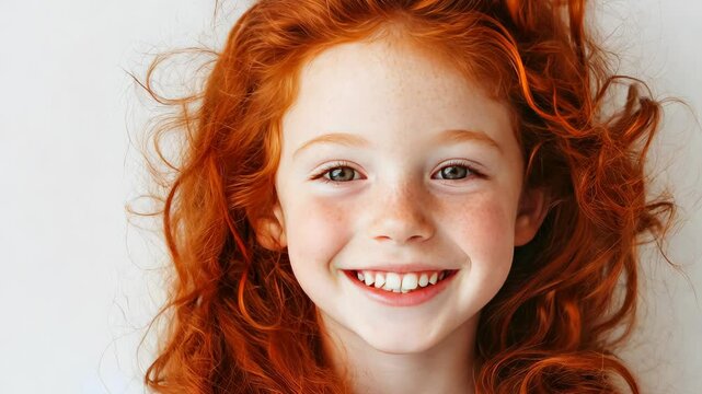 Portrait of positive cute freckles little girl with ginger hair. 