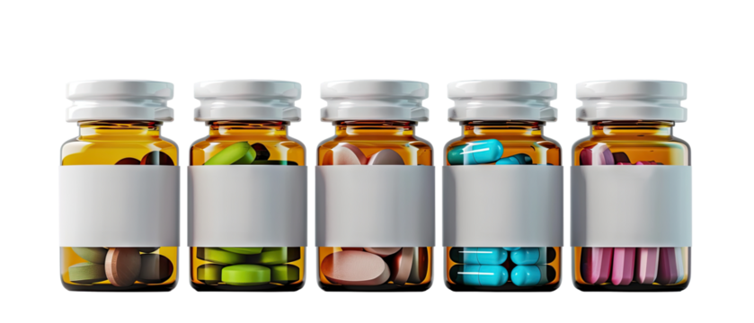 five bottles with blank labels of dark glass with different color pills in every one, and white cup, cut-out, clipping path, transparent