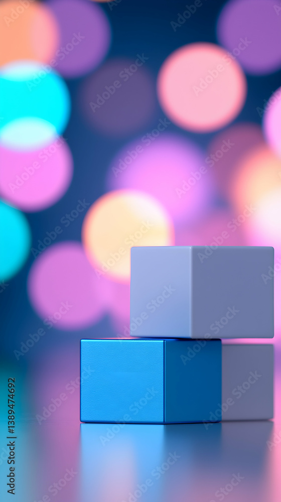 Poster stack of blue and white cubes against a colorful bokeh background