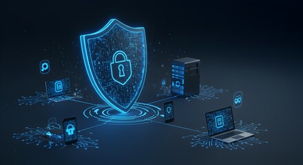 Cybersecurity Network Protection  Highly Realistic Digital Shield Protecting Devices