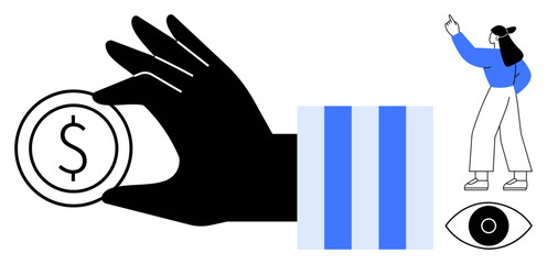 Hand grasping coin symbolizing finance, blue stripes for balance, eye representing awareness, figure pointing toward idea or growth. Ideal for financial strategy, vision, saving, awareness, guidance