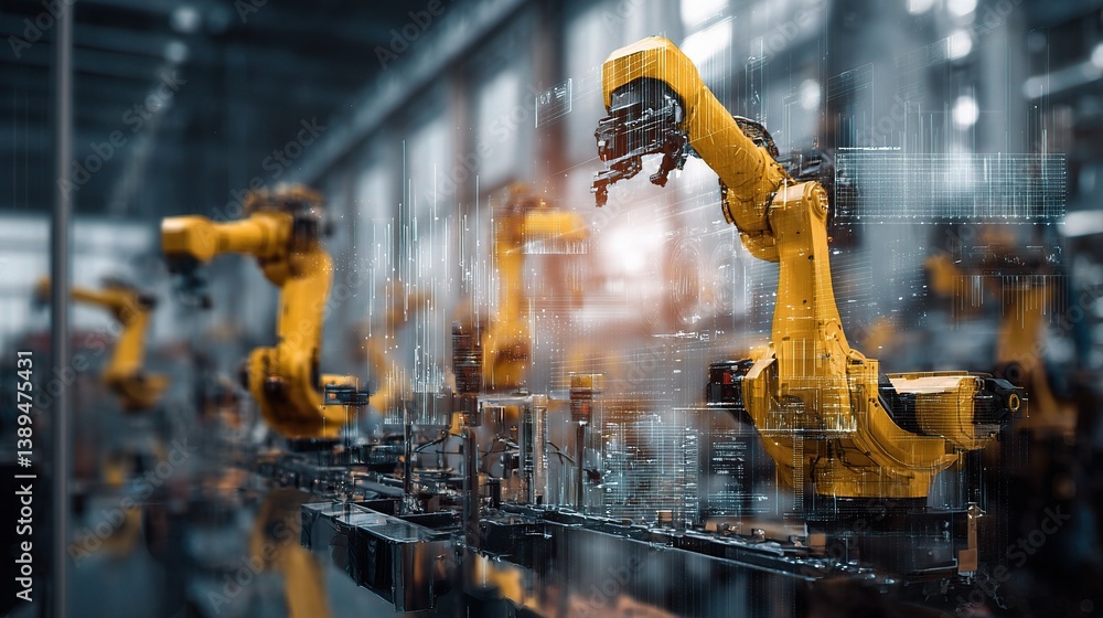 Poster advanced industrial robots working in a factory environment