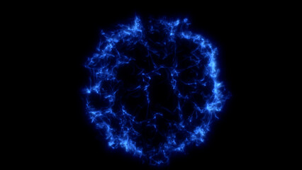 Abstract bright energetic glowing orb with plasma particles on dark background. Futuristic magical dynamic fractal flowing Blue fire.Black hole in space