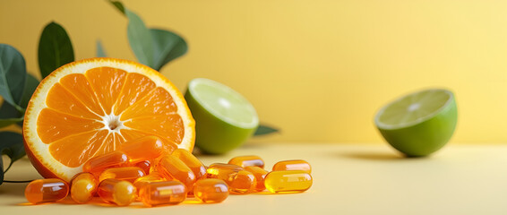 Vitamin C capsules with an orange slice and lime halves on a pastel yellow background.