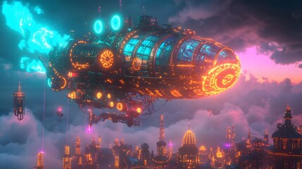 Steampunk Airship Soars Over Cityscape