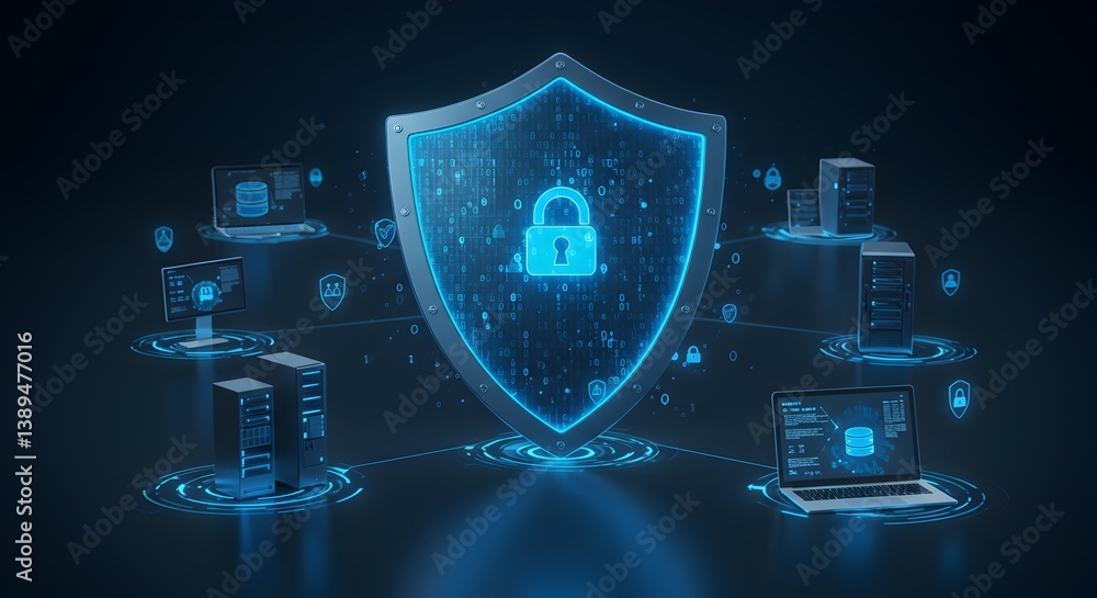 Poster cybersecurity shield protecting your network with advanced digital security measures