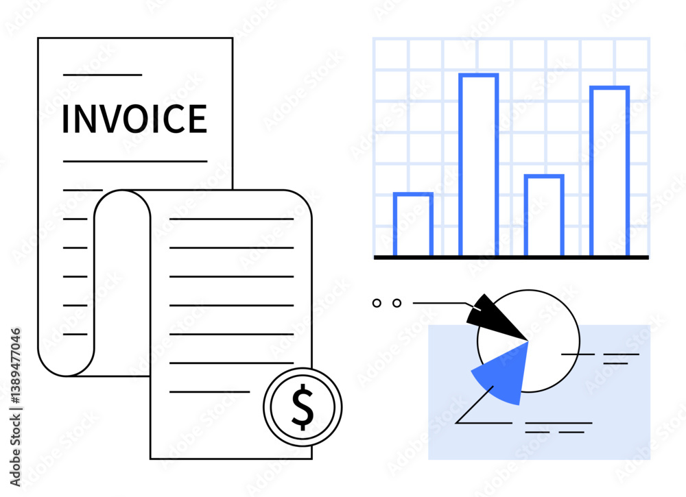 Poster invoice receipt with dollar icon, bar chart for performance analysis, pie chart for data breakdown. 