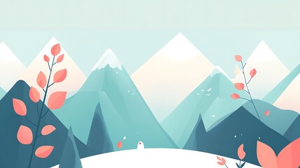 Minimalist snowy mountain landscape with pinkish leaves.