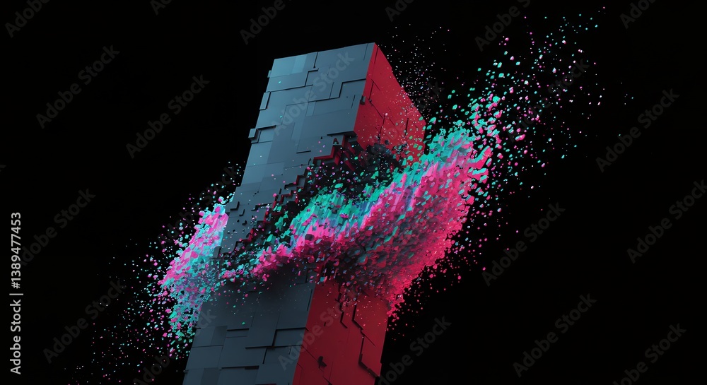 Poster abstract destruction of a geometric block with vibrant pink and cyan particles scattering outwards a