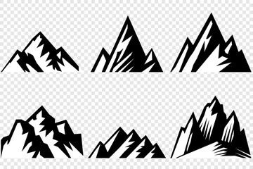 mountain vector pack. Rocky mountains icon or logo collection. Vector illustration. Mountain, rock, hill, peak logos.  Mountain peaks silhouettes. vector set silhouette of mountains and hills.