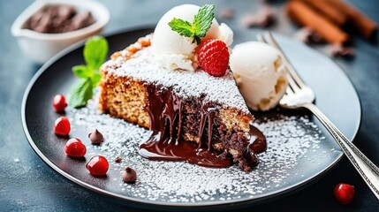 Delicious Chocolate Cake with Ice Cream and Raspberries