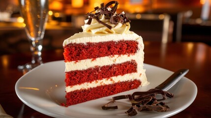 Delicious Red Velvet Cake Slice with Cream Cheese Frosting and Chocolate Shavings