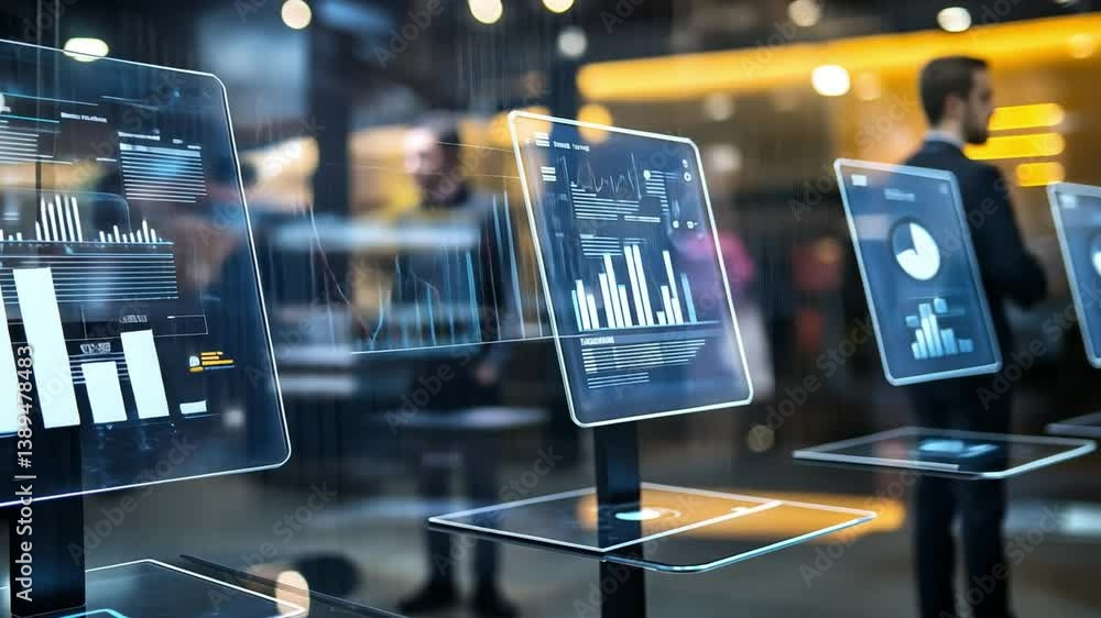 Poster data display innovation: modern workplace showcasing futuristic digital data displays, representing 