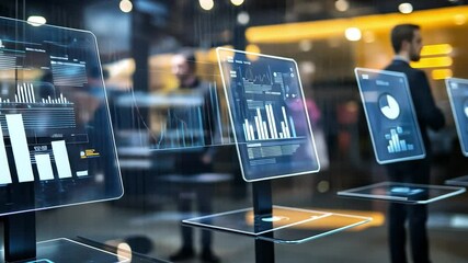 Data Display Innovation: Modern workplace showcasing futuristic digital data displays, representing seamless integration of technology, information, and business data visualization.