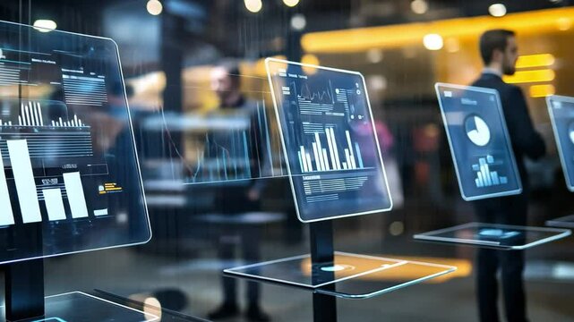 Data Display Innovation: Modern workplace showcasing futuristic digital data displays, representing seamless integration of technology, information, and business data visualization.