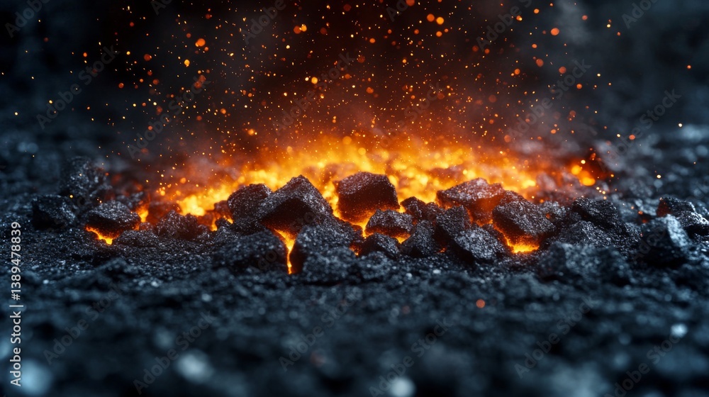 Poster reddish orange molten material erupts amidst dark, rocky surfaces, showcasing the intense energy and