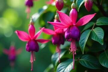 Vibrant fuchsia blossoms, intricate leafy details, bloom, lush