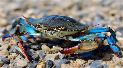 vibrant Maryland blue crab with striking blue and orange claws is seen on rocky surface, showcasing its detailed shell texture and natural habitat